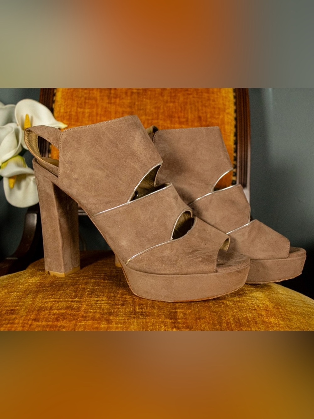 SIZE 12 Stuart Weitzman Suede Platform Peep-Toe Block Heels